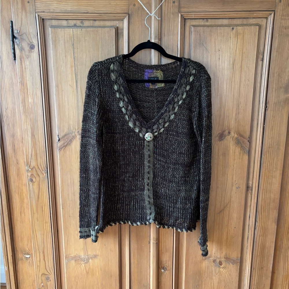 Hand Crafted Brown Sweater with V-Neck and Distressed Hem